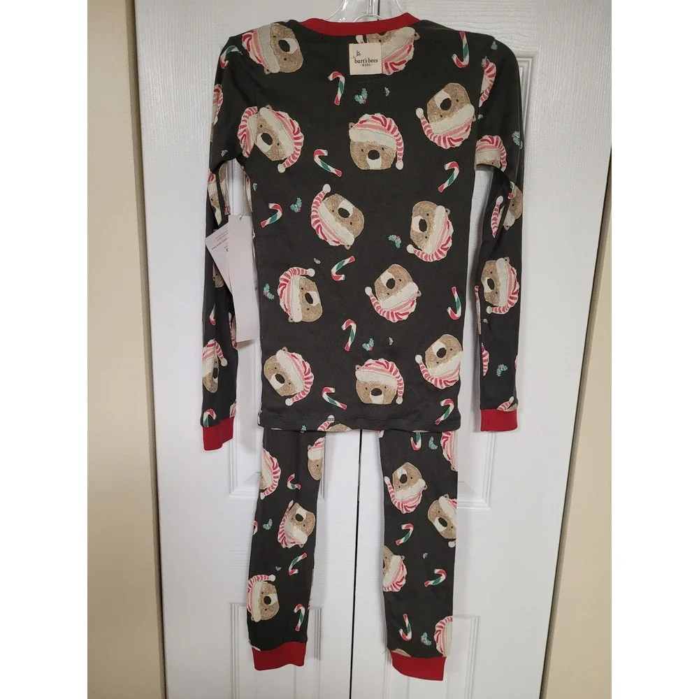 Burt's Bees Kids Holiday Pajamas Organic Cotton Bear Candy Cane 2pc Set 8Y NEW